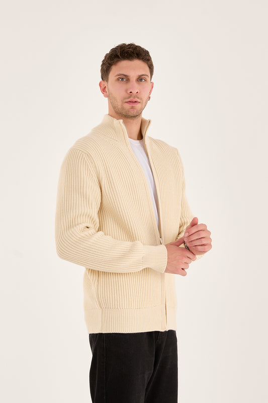 X-5003 Men’s Cream Ribbed Zip-Up Knit Cardigan – Premium Heavy Knit