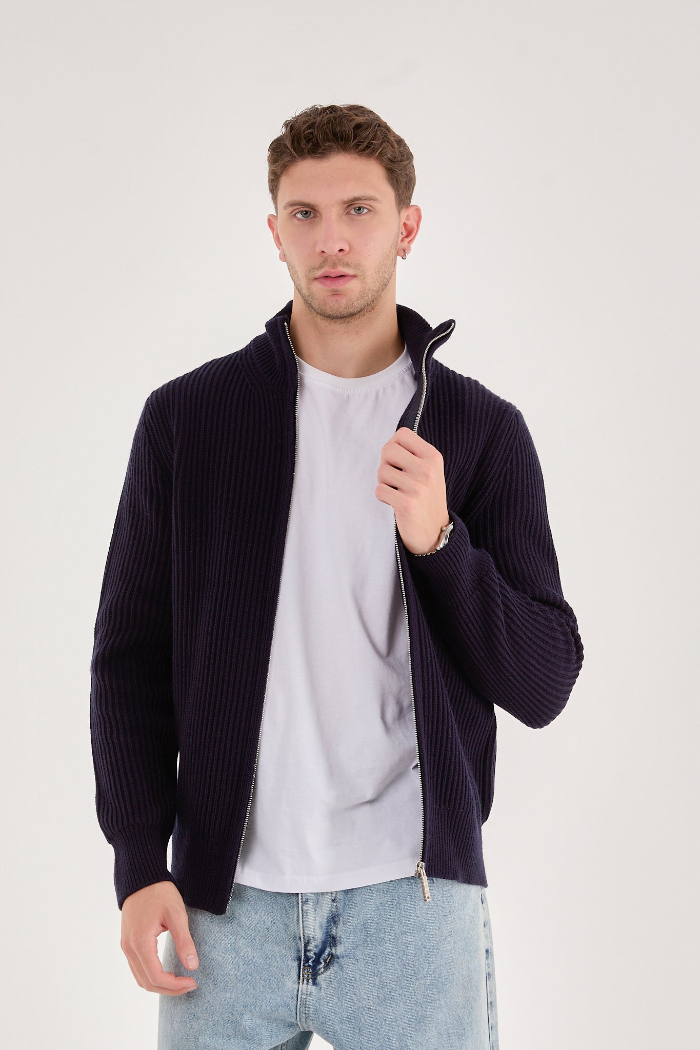 X-5003 Men’s Deep Navy Ribbed Zip-Up Knit Cardigan – Premium Heavy Knit