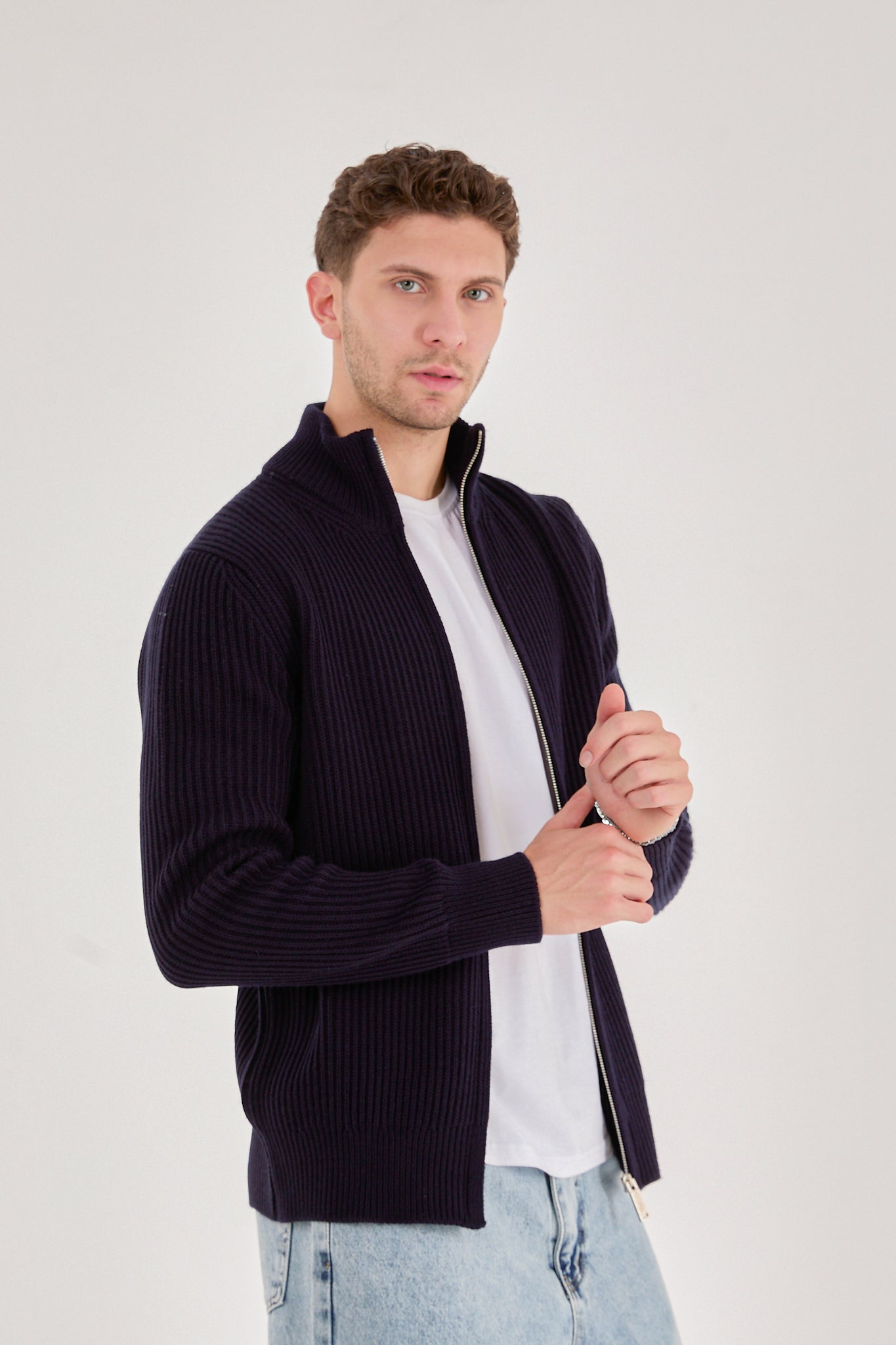 X-5003 Men’s Deep Navy Ribbed Zip-Up Knit Cardigan – Premium Heavy Knit