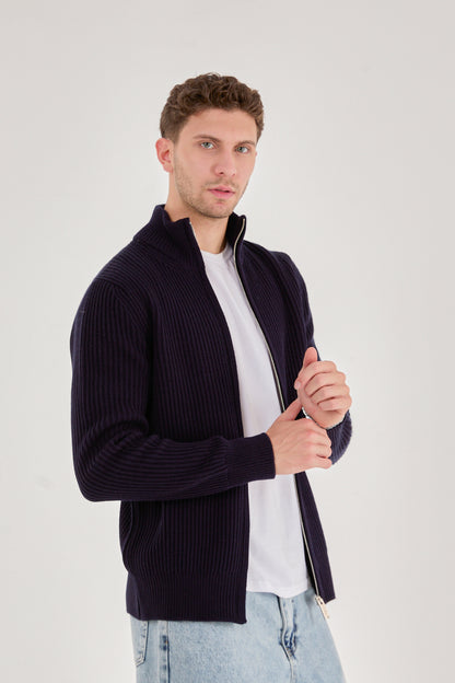 X-5006 Men’s Deep Navy Ribbed Zip-Up Knit Cardigan – Premium Heavy Knit