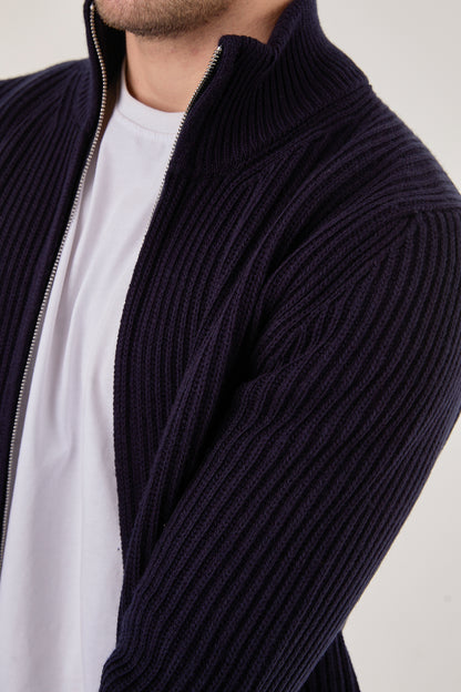 X-5006 Men’s Deep Navy Ribbed Zip-Up Knit Cardigan – Premium Heavy Knit