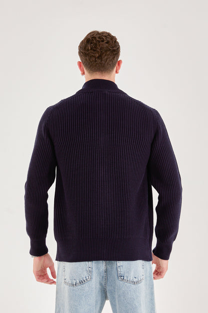 X-5006 Men’s Deep Navy Ribbed Zip-Up Knit Cardigan – Premium Heavy Knit