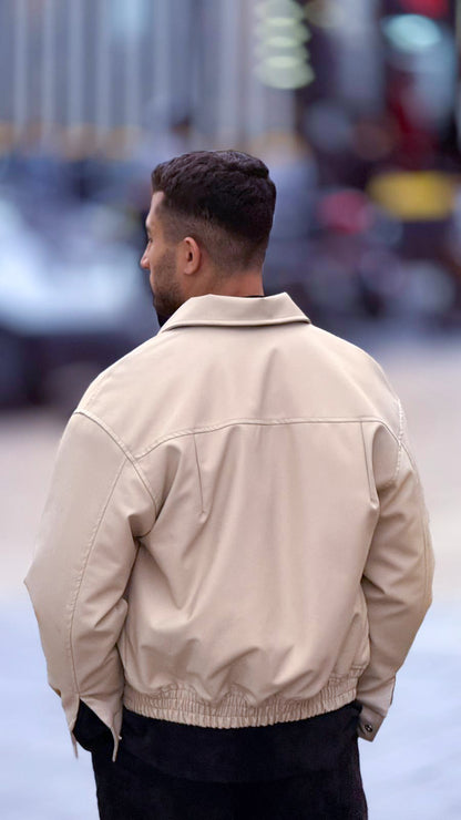X-2014  Men’s Vegan Leather Bomber Jacket – Cream | Oversized Fit with Quilted Polyester Lining