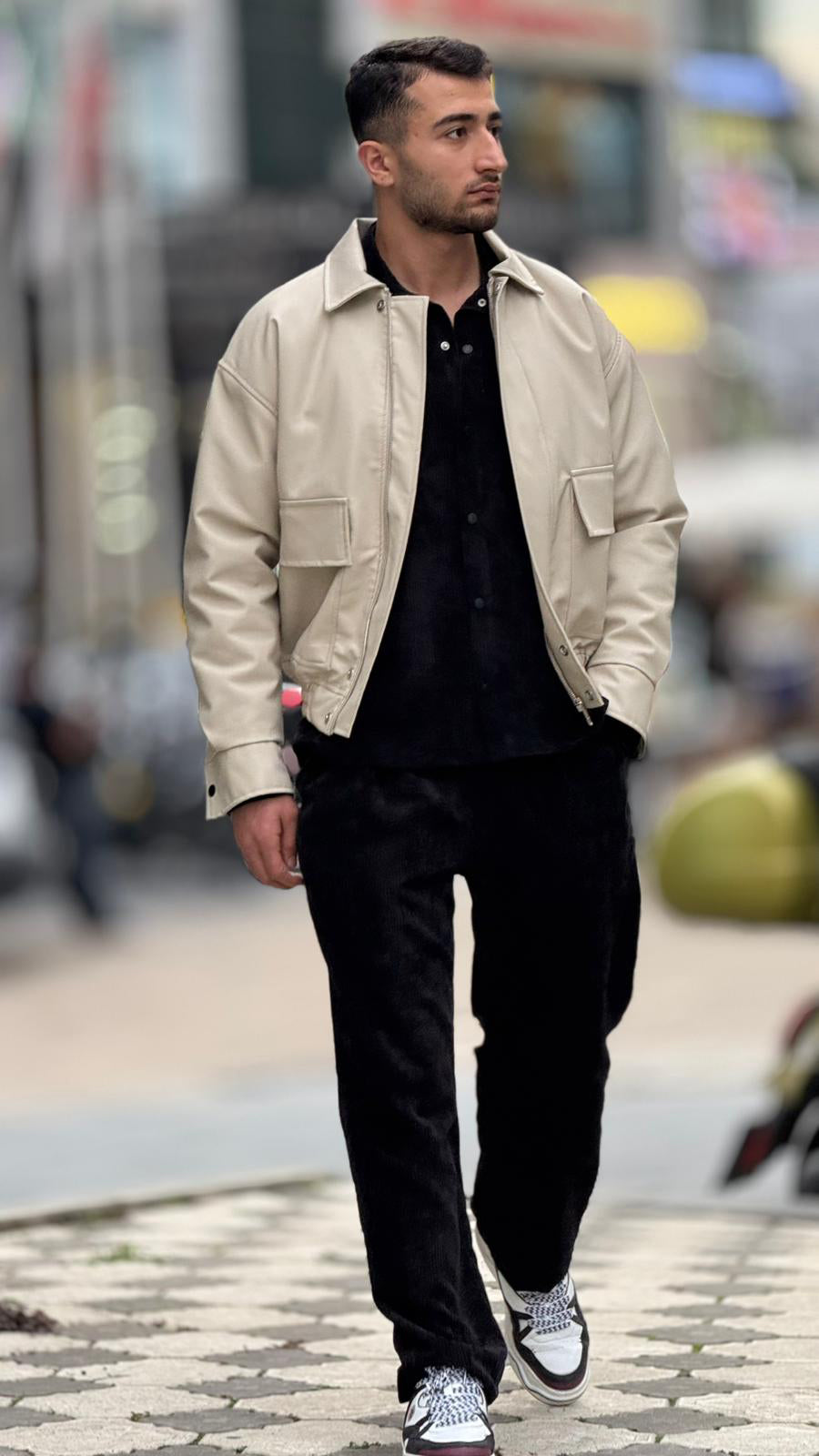 X-2014  Men’s Vegan Leather Bomber Jacket – Cream | Oversized Fit with Quilted Polyester Lining