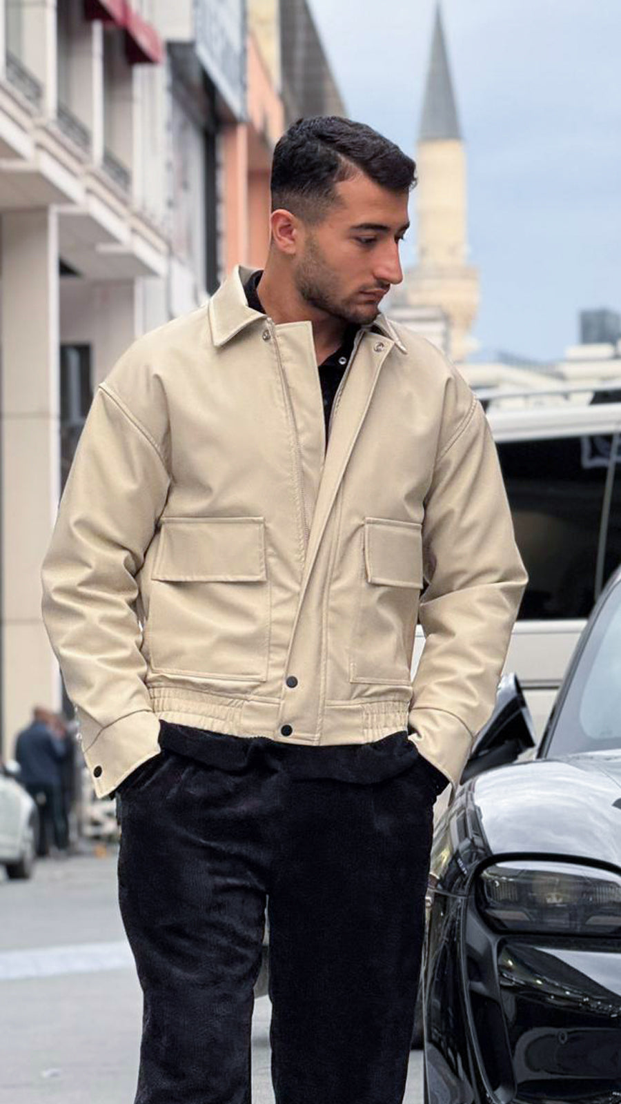 X-2014  Men’s Vegan Leather Bomber Jacket – Cream | Oversized Fit with Quilted Polyester Lining
