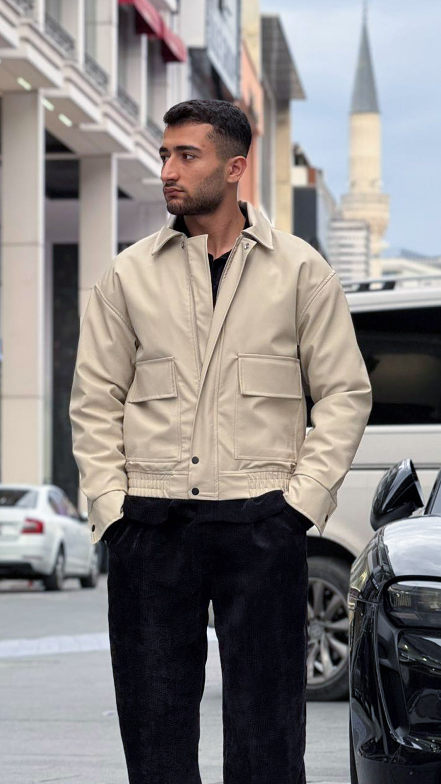 X-2014  Men’s Vegan Leather Bomber Jacket – Cream | Oversized Fit with Quilted Polyester Lining