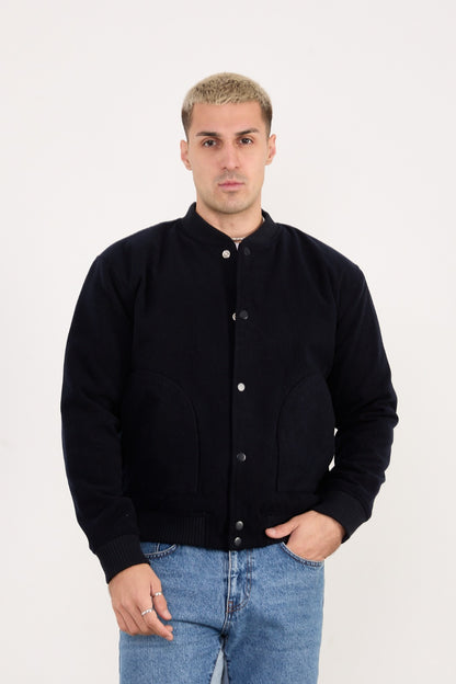Men’s Navy Quilted Lined Wool Blend Bomber Jacket – Snap Button Closure-X-2026