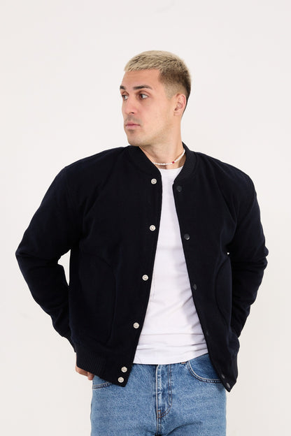Men’s Navy Quilted Lined Wool Blend Bomber Jacket – Snap Button Closure-X-2026