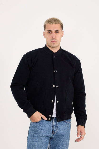 Men’s Navy Quilted Lined Wool Blend Bomber Jacket – Snap Button Closure-X-2026