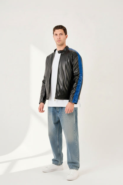 X-2016 Mens Biker Jacket Faux Leather Black with Sax