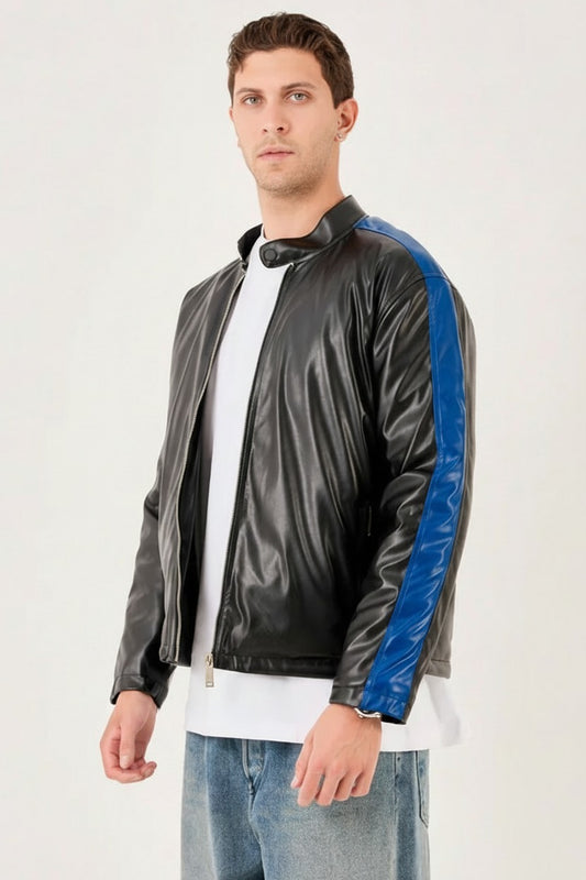 X-2016 Mens Biker Jacket Faux Leather Black with Sax