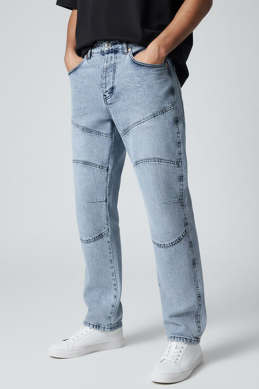 Men’s Dark Blue Panelled Jeans – Relaxed Fit Streetwear | T-3141