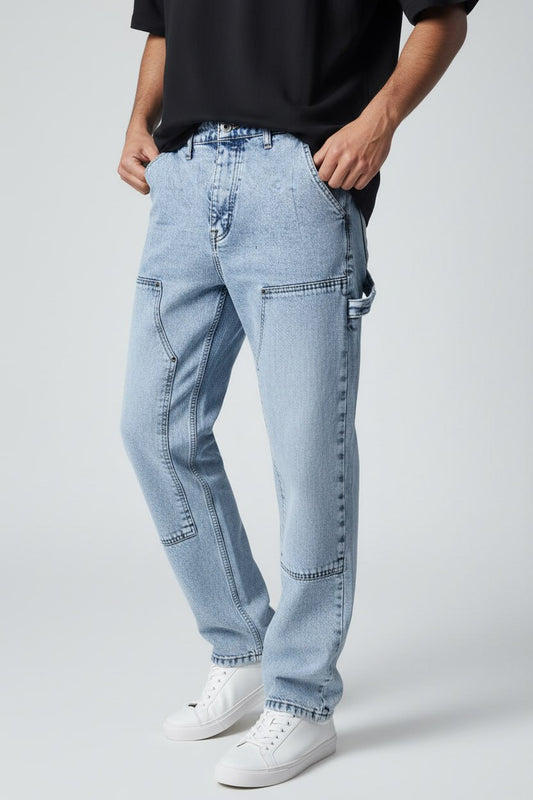 Men's Light Blue Utility Denim Jeans with Carpenter Pocket Details-3134