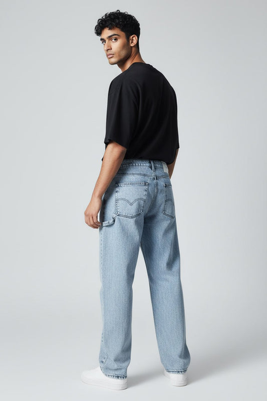 Men's Light Blue Utility Denim Jeans with Carpenter Pocket Details-3134