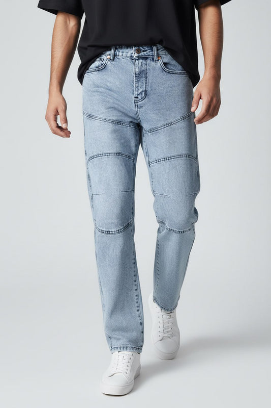 Men’s Dark Blue Panelled Jeans – Relaxed Fit Streetwear | T-3141