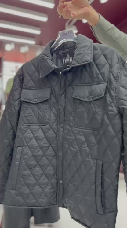 X-2019 Mens Lightweight Quilted Jacket Snap Button Black Chest Pockets