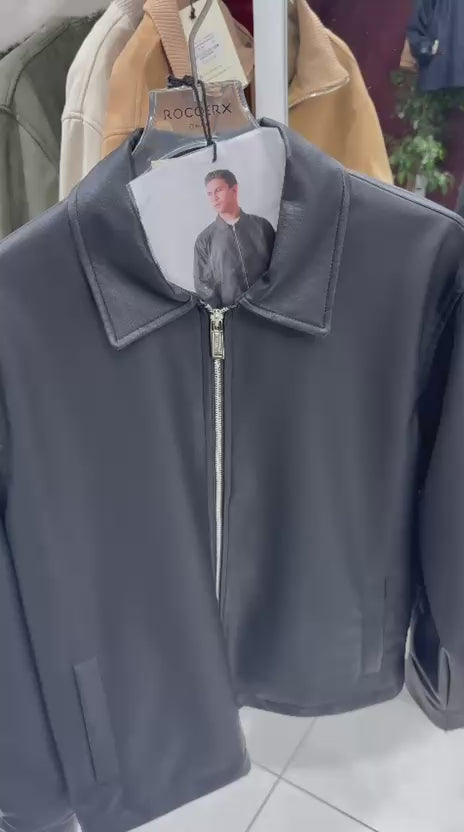 Men’s Black Faux leather Zip Jacket with Shirt Collar – Minimal Smart Casual Style-X2011