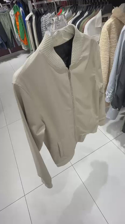 X-2012 Mens Minimal Bomber Jacket Beige Clean Look Zip Front