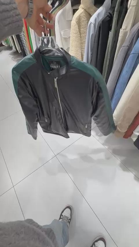 X-2016 Mens Biker Jacket Faux Leather Black with Dark Green Stripe