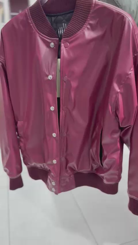 X-2018 Mens Snap Button Faux Leather Jacket BURGUNDY Bomber Style