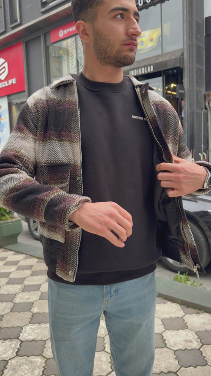 X-2036 Men’s Wool Blend Checked Jacket – Premium Grey/Black Multi-Tone Herringbone Pattern