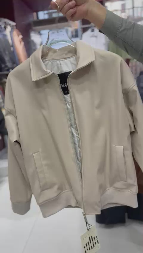 X-2015 Mens Bomber Jacket Beige Zip Front Shirt Collar Ribbed Hem