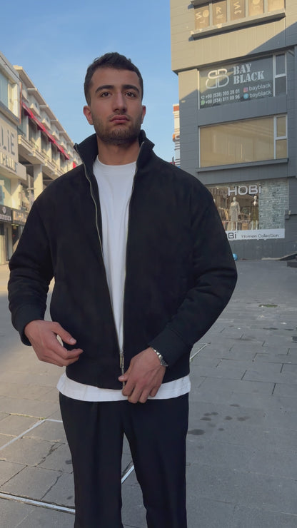 X-2021 Men’s Soft Suede Zip-Up Bomber Jacket – Blac