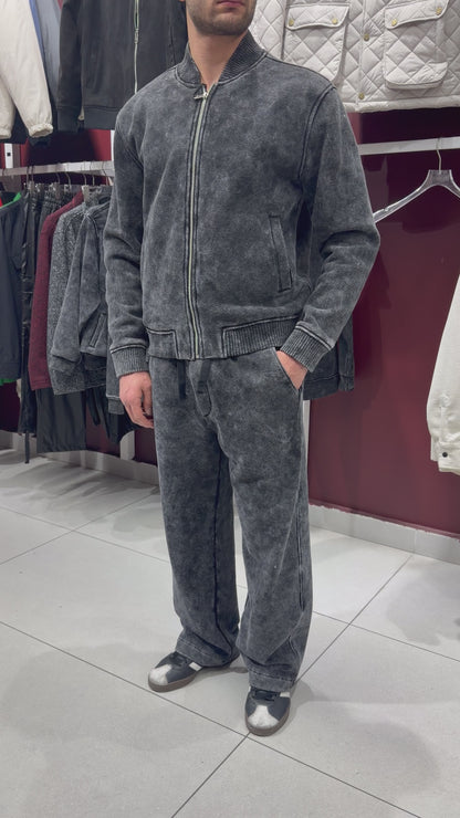 Washed Black Zip-Up Bomber Sweatshirt – X-2003