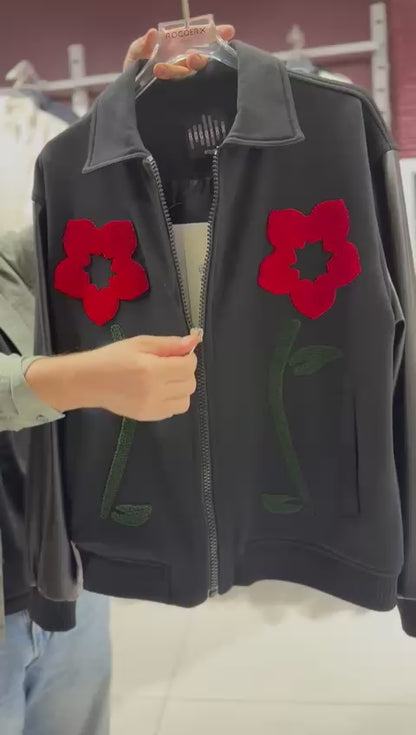 Men’s Varsity Bomber Jacket Black Zip Front Flower Appliqué Faux Leather Sleeves Ribbed Hem