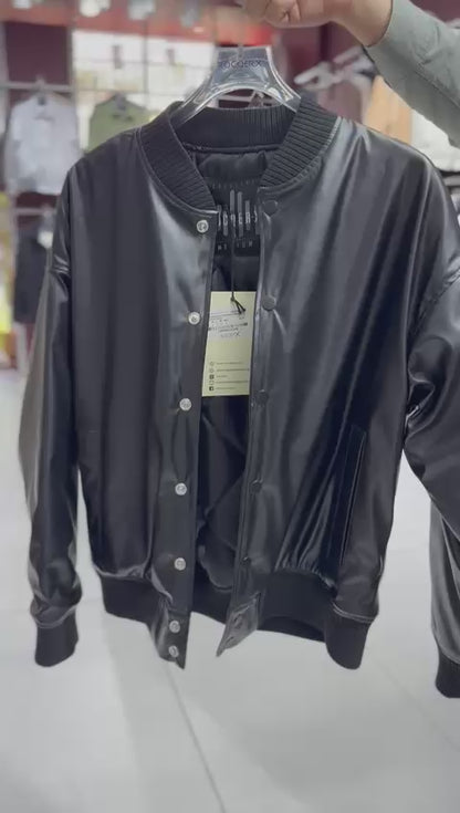 X-2018 X-2018 Mens Snap Button Faux Leather Jacket BLACK Bomber Style