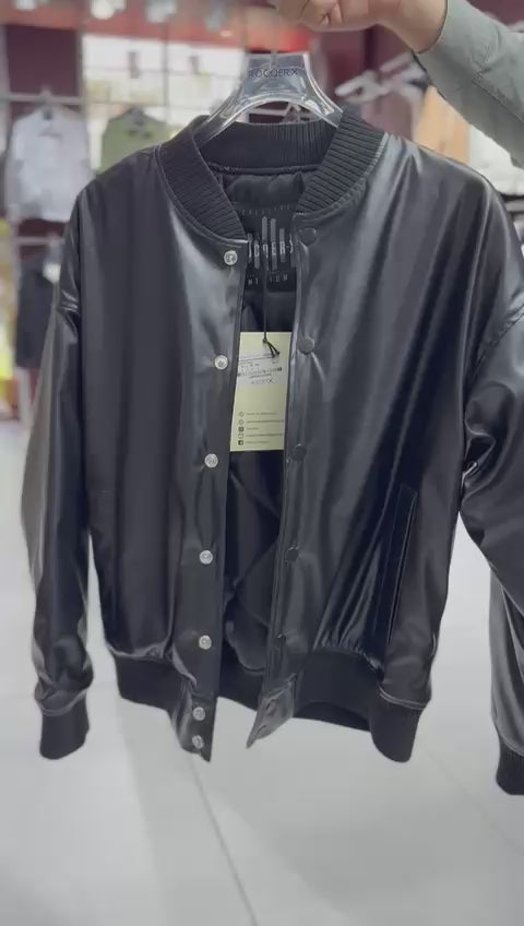 X-2018 X-2018 Mens Snap Button Faux Leather Jacket BLACK Bomber Style