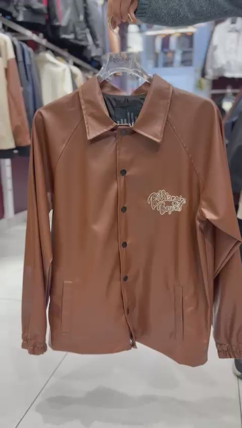 X-2013 Mens Coaches Jacket Brown Snap Button Embroidered Back and Chest Elastic Cuffs