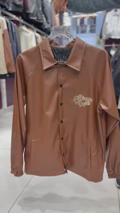 X-2013 Mens Coaches Jacket Brown Snap Button Embroidered Back and Chest Elastic Cuffs