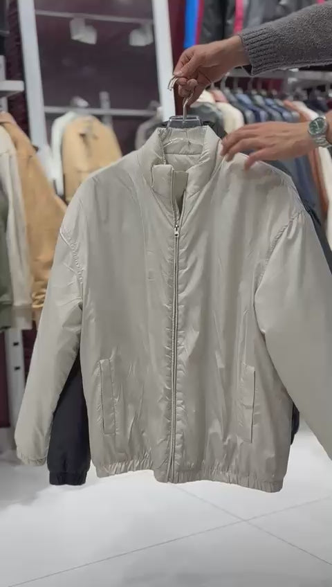 X-2009 Mens Lightweight Puffer Jacket Beige Zip Front Stand Collar Elastic Hem