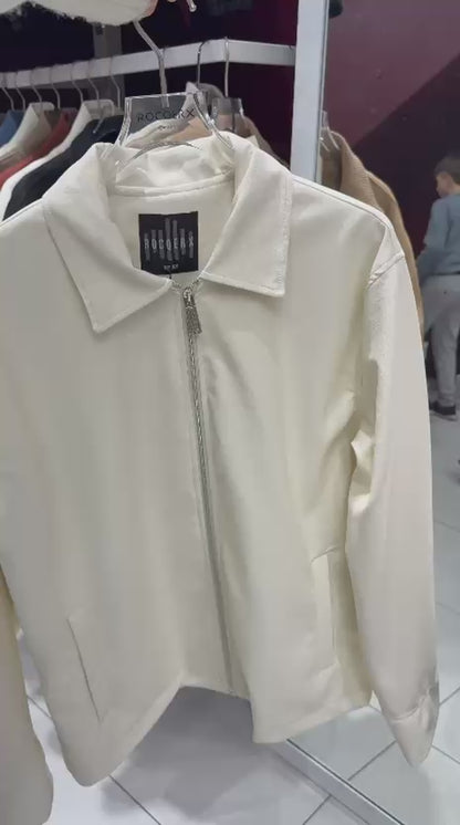 X-2011 Mens Shirt Collar Jacket White Zip Front Minimal Design Regular Fit