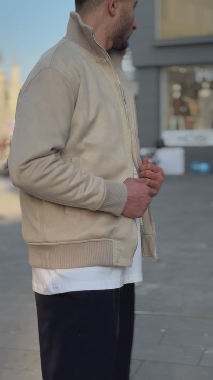 X-2021 Men’s Soft Suede Zip-Up Bomber Jacket – Off-White