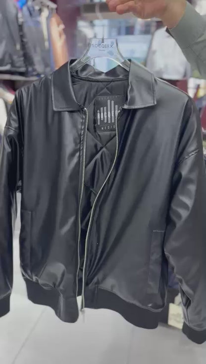 X-2015 Mens Bomber Jacket Black Zip Front Shirt Collar Ribbed Hem