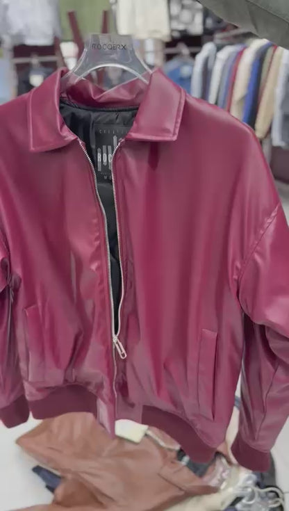 X-2015 Mens Faux Leather Bomber Jacket Burgundy Zip Front Ribbed Hem