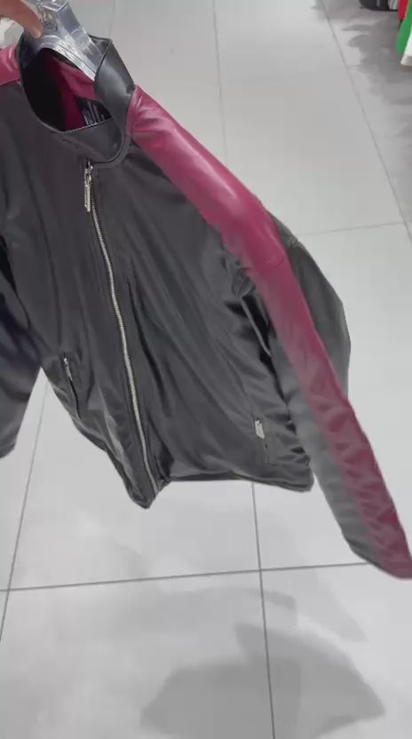 X-2016 Mens Cafe Racer PU Leather Jacket Black Contrast Burgundy Stripe