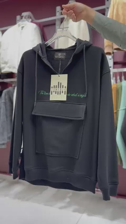 X-4005 Men’s Hoodie in BLACK – Oversized Fit, Fleece Inside, Half-Zip, Kangaroo Pocket