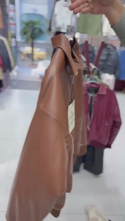 X-2015 Mens Bomber Jacket Brown Zip Front Shirt Collar Ribbed Hem