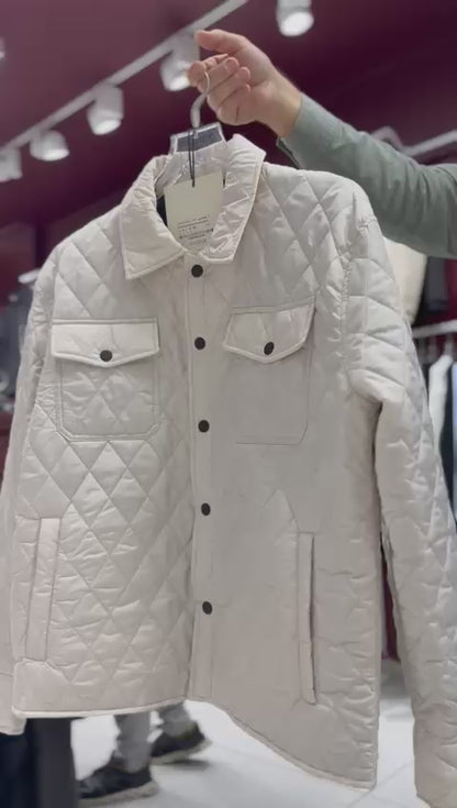 X-2019 Mens Lightweight Quilted Jacket Snap Button Beige Chest Pockets