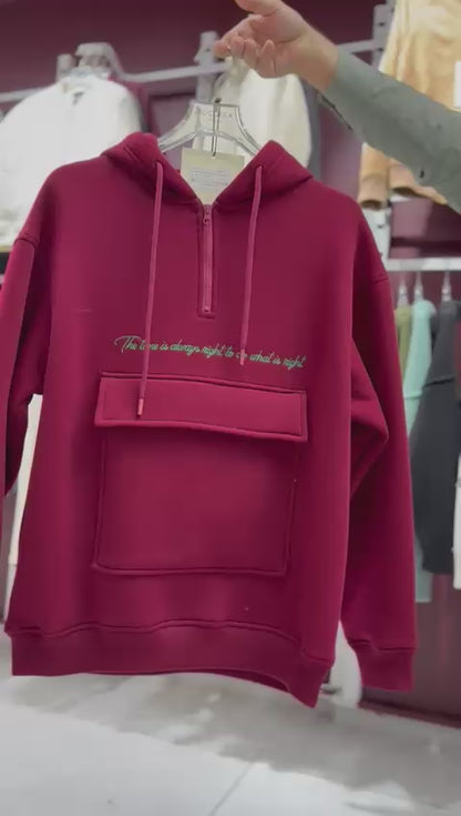 X-4005 Men’s Hoodie in BURGUNDY – Oversized Fit, Fleece Inside, Half-Zip, Kangaroo Pocket