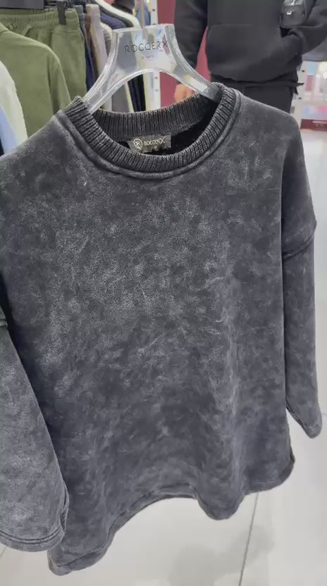 X-4001 – Washed Black ¾ Sleeve Oversized Sweatshirt