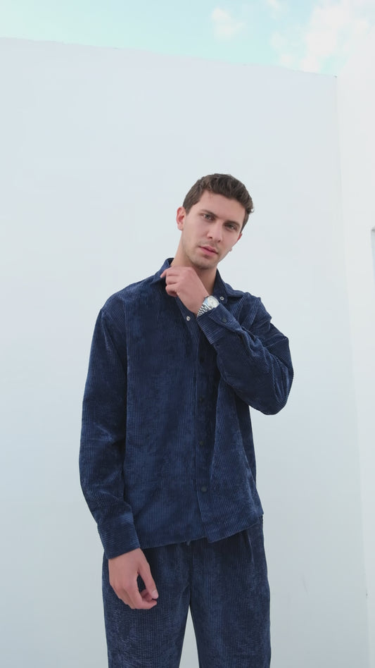 X-002 Men’s Navy Cord Velvet Shirt – Relaxed Fit, Button-Up, Single Chest Pocket