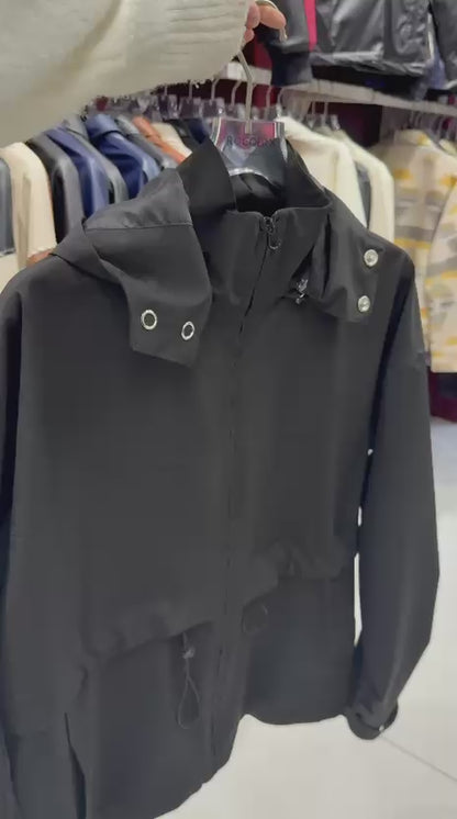 X-2010 Mens Hooded Windbreaker Rain Jacket Black Zip Front Adjustable Hem