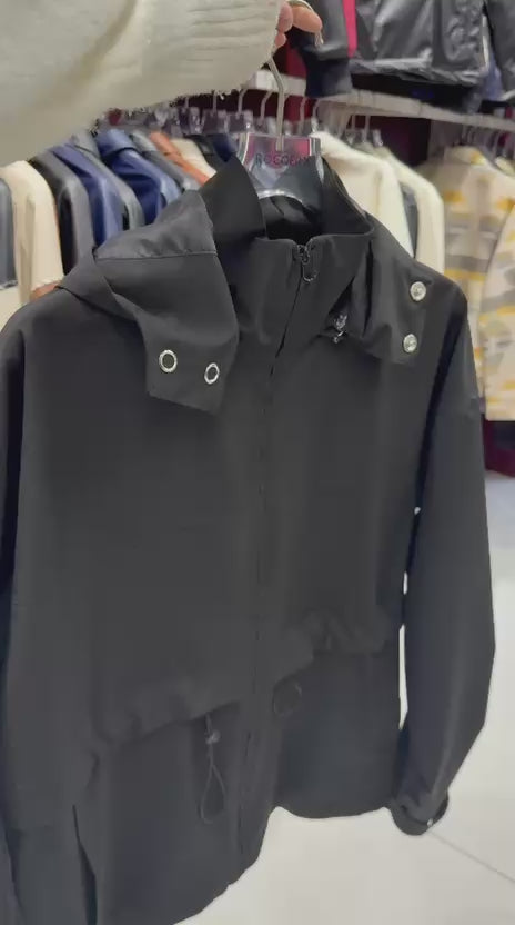 X-2010 Mens Hooded Windbreaker Rain Jacket Black Zip Front Adjustable Hem