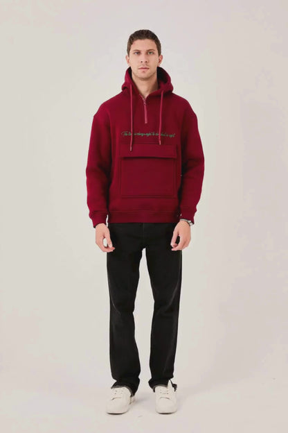 X-4005 Men’s Hoodie in BURGUNDY – Oversized Fit, Fleece Inside, Half-Zip, Kangaroo Pocket