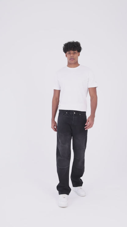 Men’s Washed Grey Panelled Jeans – Relaxed Fit Streetwear | T-3141
