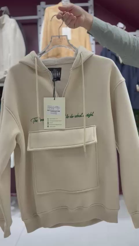 X-4005 Men’s Hoodie in BEIGE – Oversized Fit, Fleece Inside, Half-Zip, Kangaroo Pocket